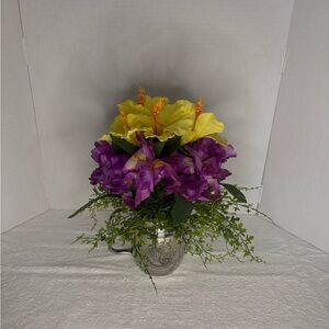 Yellow and Purple Artificial Floral Arrangement in Silver Vase